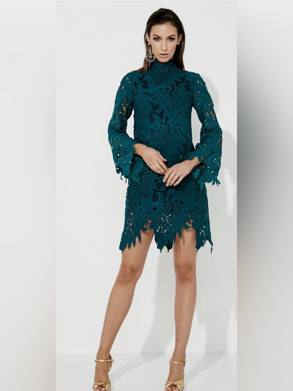 MOSSMAN Rose Garden Laser Cut Midi Long Sleeve Dress Green Size 8
